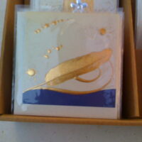 Glückwunsch-Karte klein, Feder gold mit blau