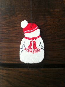Schneemann mit Mütze, klein, Sperrholz bemalt, Rückseite