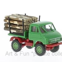 Mercedes Unimog 411 gruen rot Holzladung 1zu87 Brekina