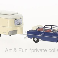 Opel Olympia blau mit Eriba Wohnanhänger 1zu87 Brekina